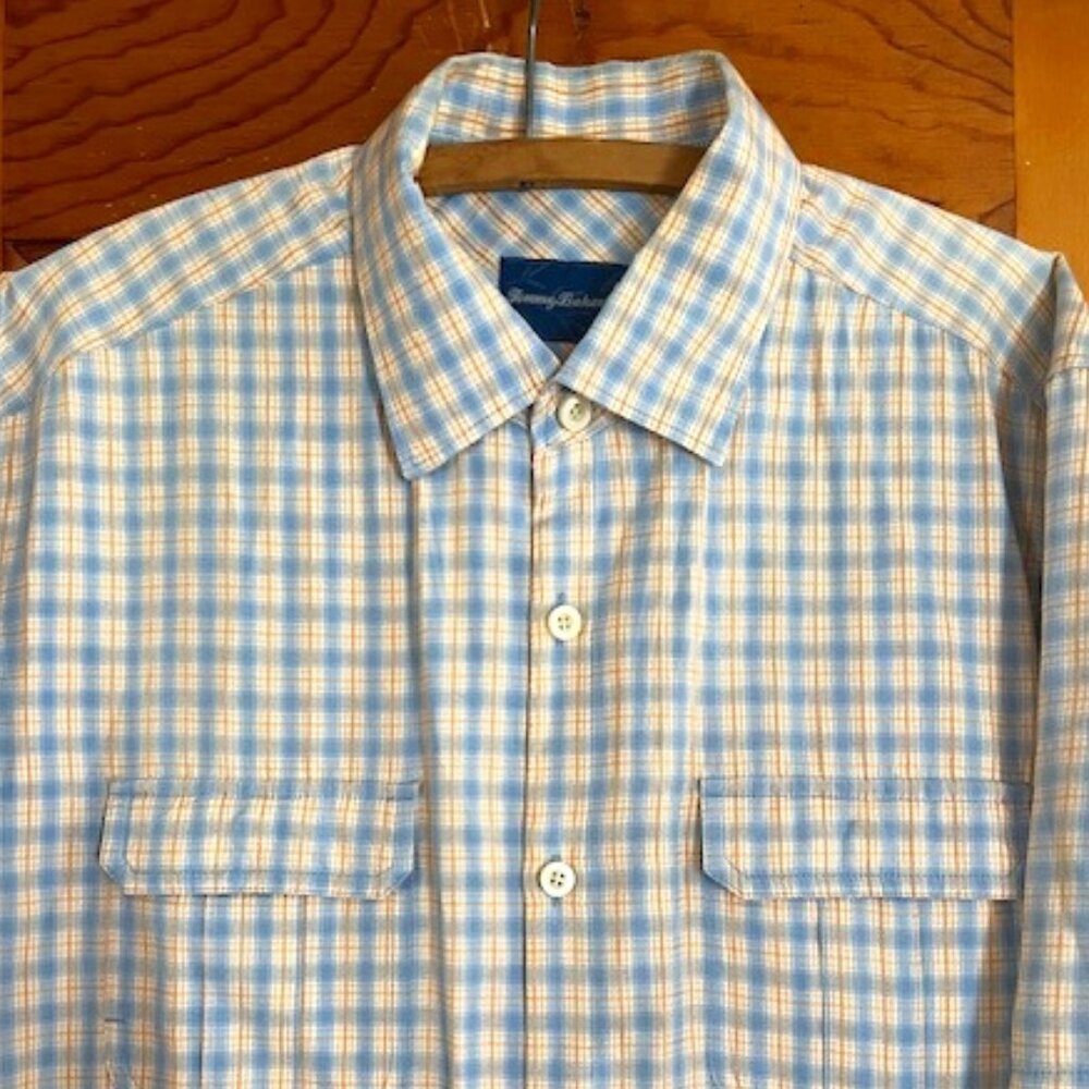 Tommy Bahama Silk Blend Blue  Plaid Short Sleeve Camp Shirt Men's Medium